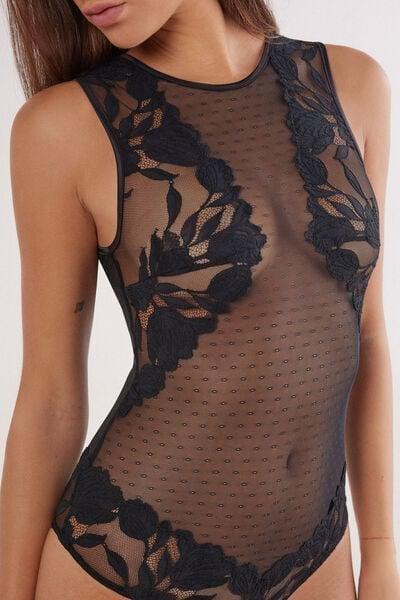 Black All About Flowers Lace And Tulle Bodysuit, Black, large image number 7