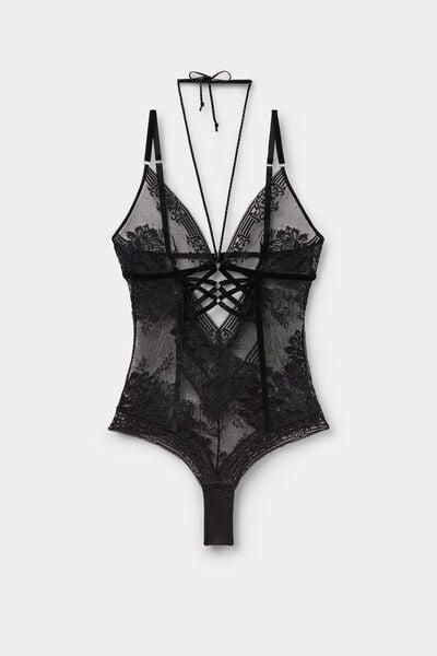 Black La Femme Fatale Low-Cut Lace Bodysuit, Black, medium