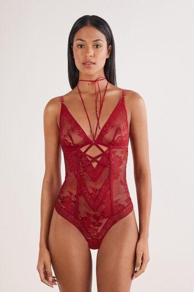 Red La Femme Fatale Strappy Detail Lace Bodysuit, Wax Red, large image number 3