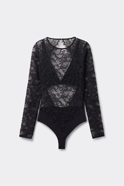 Black Glimmer Of Pleasure Long-Sleeved Lace Bodysuit, Black, large image number 2