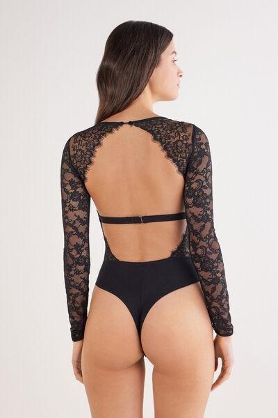 Black Glimmer Of Pleasure Long-Sleeved Lace Bodysuit, Black, large image number 3