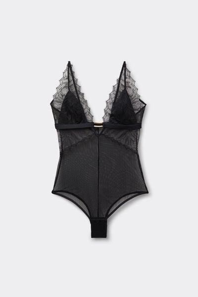 Black Playful Glamour Lace Bodysuit, Black, large image number 3