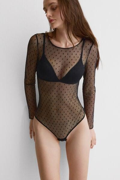 Black Flirt Fearlessly Long-Sleeved Lace Bodysuit, Black, large image number 1