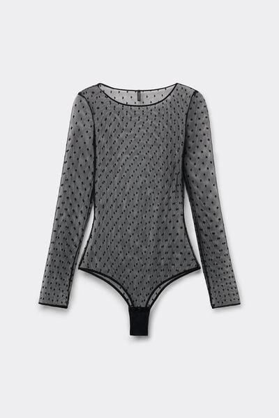 Black Flirt Fearlessly Long-Sleeved Lace Bodysuit, Black, large image number 3