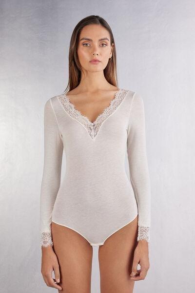 White Long-Sleeved Ultralight Bodysuit, Vanilla, medium