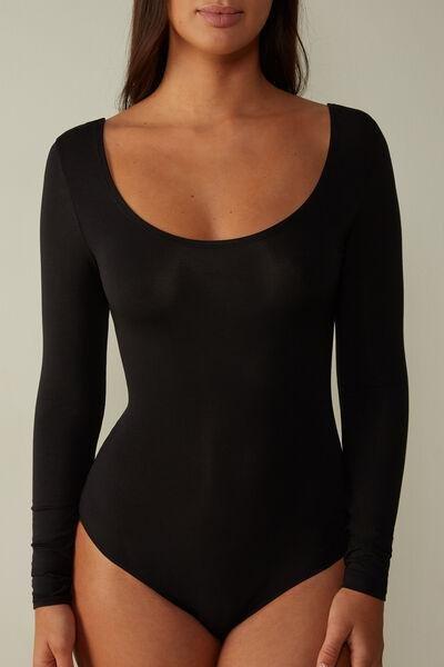 Black Long-Sleeved Scoop-Neck Bodysuit, , large image number 0