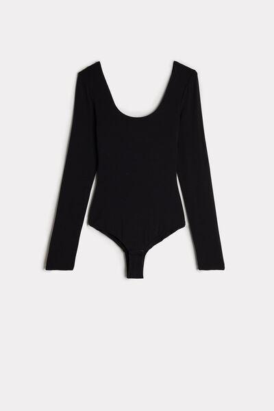 Black Long-Sleeved Scoop-Neck Bodysuit, , large image number 2