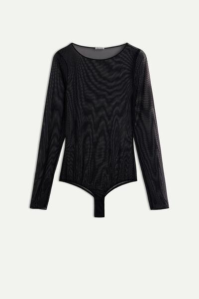 Black Tulle Bodysuit With Long Sleeves