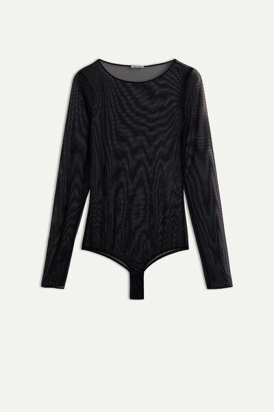 Black Long-Sleeved Sheer Bodysuit, Black, large image number 8