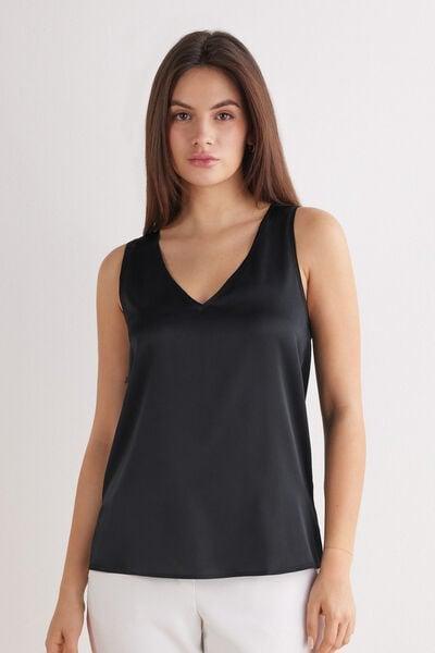 Black V-Neck Silk Vest Top, Black, large image number 1