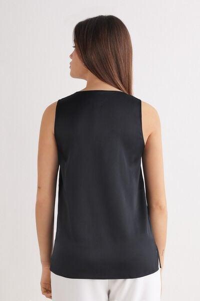 Black V-Neck Silk Vest Top, Black, large image number 2