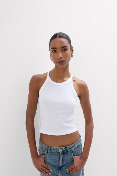 White Ribbed Superior Cotton Crop Top, White, large image number 1