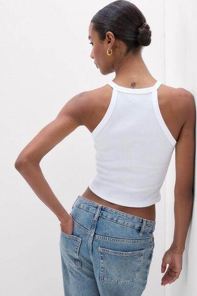 White Ribbed Superior Cotton Crop Top, White, large image number 2
