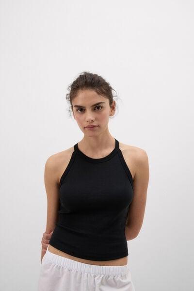 Black Ribbed Superior Cotton Crop Top, Black, large image number 1