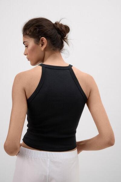 Black Ribbed Superior Cotton Crop Top, Black, large image number 2