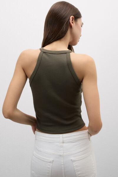 Green Ribbed Superior Cotton Crop Top, 5601_660J, large image number 2