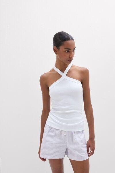 White Ribbed Superior Cotton Crossover Cami, White, large image number 1