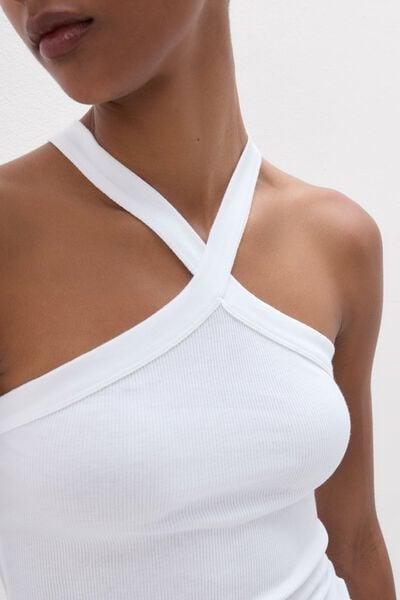 White Ribbed Superior Cotton Crossover Cami, White, large image number 5