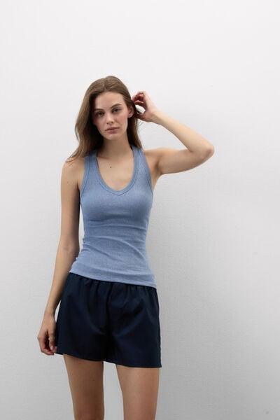 Blue Ribbed Lame V-Neck Cotton Vest Top, 5601_098K, large image number 1