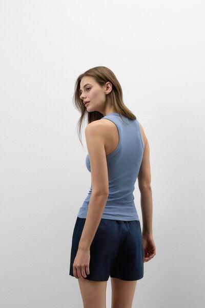 Blue Ribbed Lame V-Neck Cotton Vest Top, 5601_098K, large image number 2