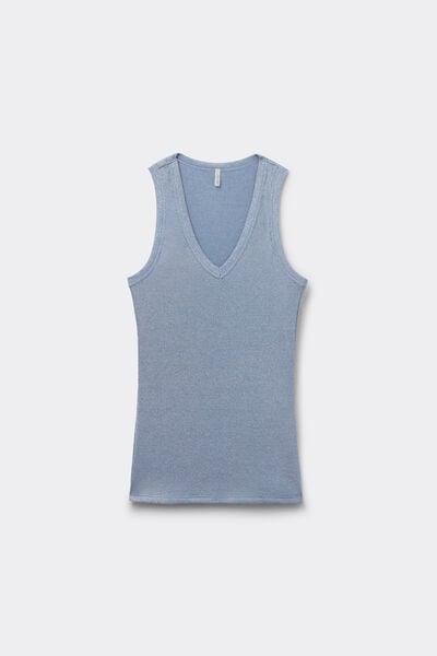 Blue Ribbed Lame V-Neck Cotton Vest Top, 5601_098K, large image number 3
