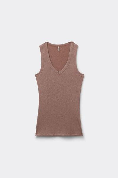 Caramel Ribbed Lame V-Neck Cotton Vest Top, 5601_099K, large image number 3