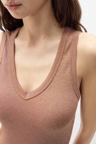 Caramel Ribbed Lame V-Neck Cotton Vest Top, 5601_099K, large image number 5