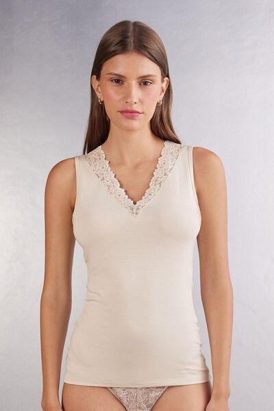 Cream Pretty Flower Modal And Lace Tank Top, , large image number 0