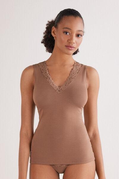 Beige Pretty Flower Modal And Lace Vest Top, , large image number 0