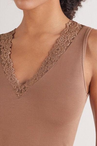 Beige Pretty Flower Modal And Lace Vest Top, Brown Mocha, large image number 5