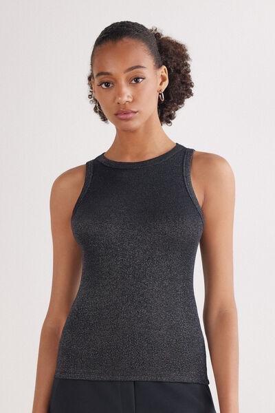 Black Ribbed Lame Cotton Vest Top, 5601_052K, large image number 0