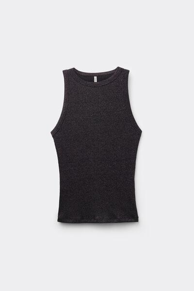 Black Ribbed Lame Cotton Vest Top, 5601_052K, large image number 2