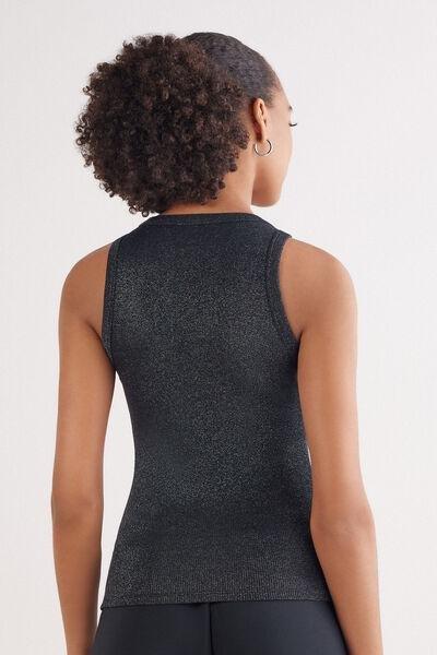 Black Ribbed Lame Cotton Vest Top, 5601_052K, large image number 3