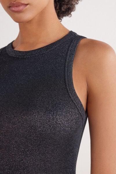 Black Ribbed Lame Cotton Vest Top, 5601_052K, large image number 5