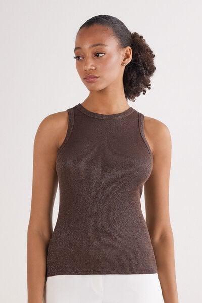 Brown Ribbed Lame Cotton Vest Top, 5601_053K, medium