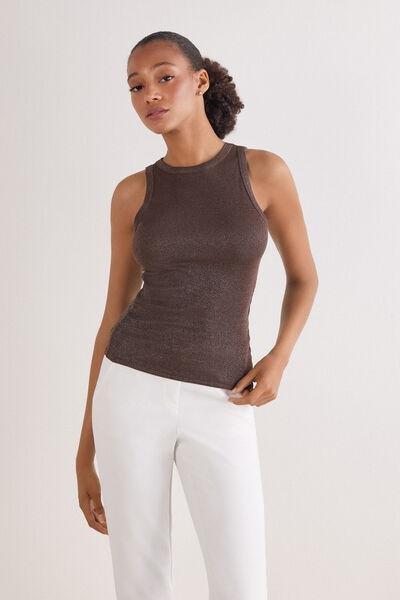 Brown Ribbed Lame Cotton Vest Top, 5601_053K, large image number 1