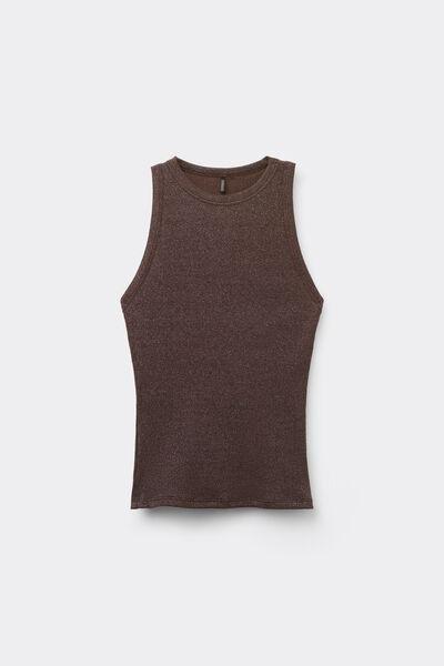 Brown Ribbed Lame Cotton Vest Top, 5601_053K, large image number 2