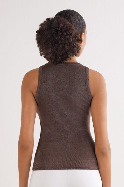 Brown Ribbed Lame Cotton Vest Top, 5601_053K, large image number 3