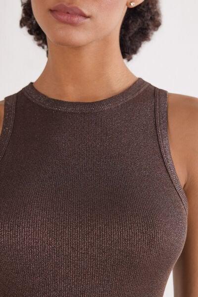 Brown Ribbed Lame Cotton Vest Top, 5601_053K, large image number 5