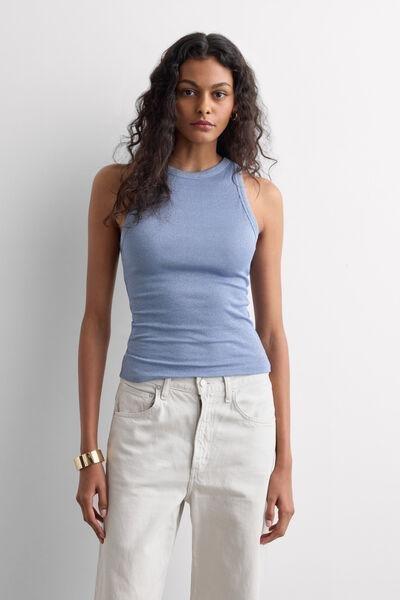 Blue Ribbed Lame Cotton Vest Top, 5601_098K, large image number 1