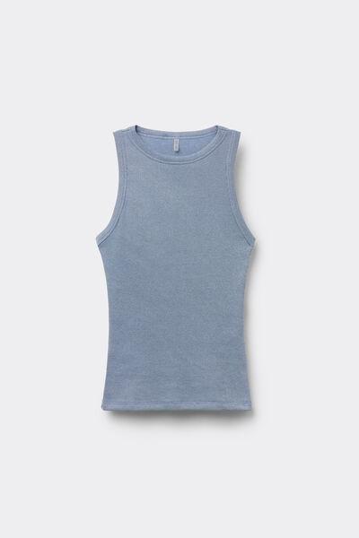 Blue Ribbed Lame Cotton Vest Top, 5601_098K, large image number 3