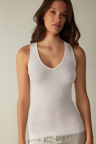 Powder White Silk And Wool Vest Top With Satin-Detail V-Neck, Women, , large image number 0