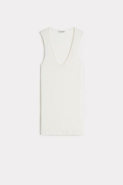 Powder White Silk And Wool Vest Top With Satin-Detail V-Neck, Women, , large image number 2