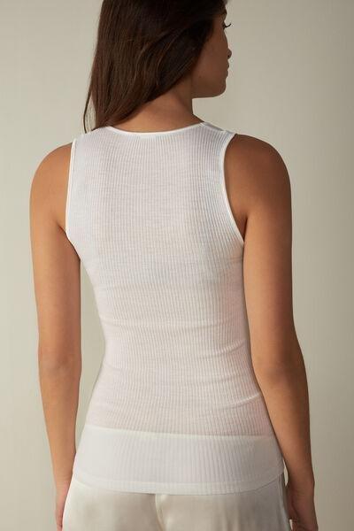 Powder White Silk And Wool Vest Top With Satin-Detail V-Neck, Women, , large image number 3