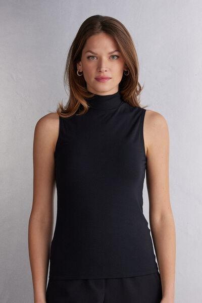 Black Sleeveless Turtleneck Micromodal Shirt, , large image number 0