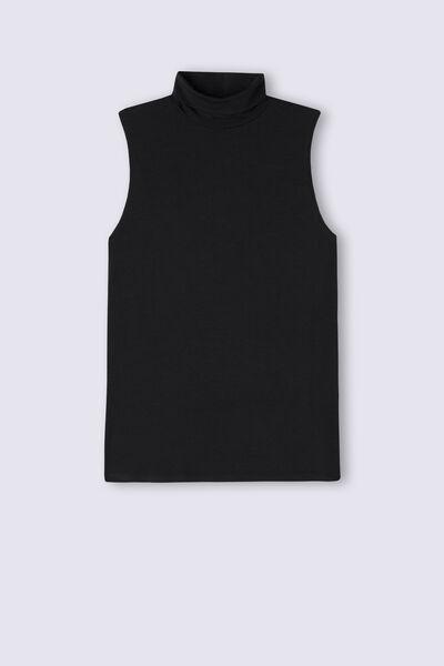 Black Sleeveless Turtleneck Micromodal Shirt, , large image number 2