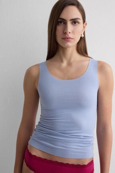 Blue Round-Neck Raw-Cut Cotton Vest Top, 5601_064K, large image number 1
