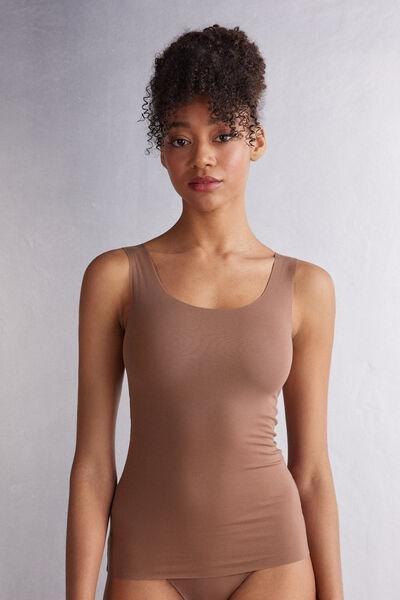 Brown Round-Neck Cotton Vest Top, , medium