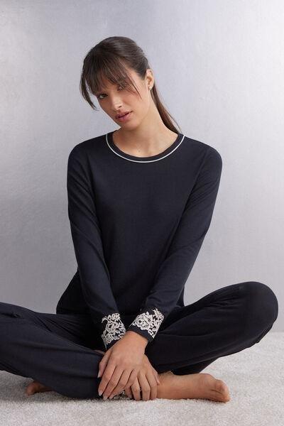 Black Pretty Flower Modal Pyjama Top, , large image number 1