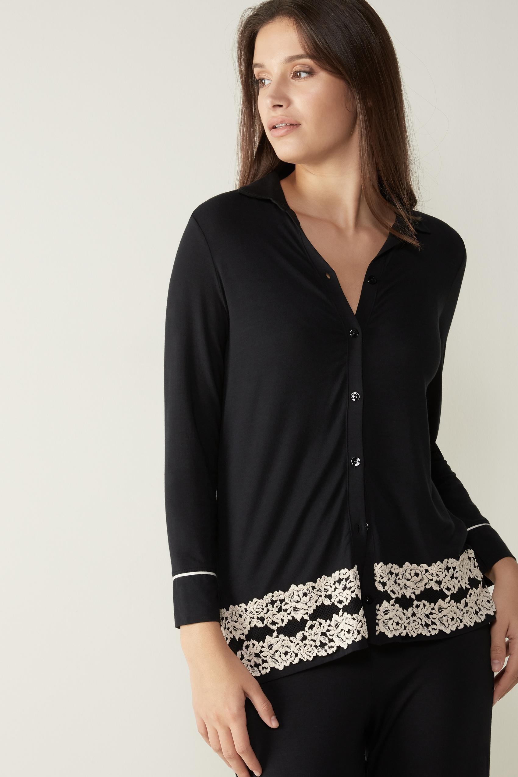Black Pretty Flower Modal Pyjama Shirt, , medium